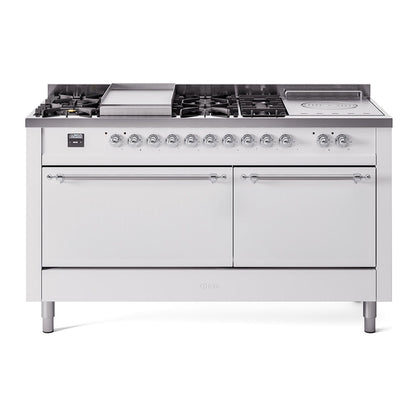 ILVE Nostalgie II 60-Inch Dual Fuel Range with 7 Sealed Burners + Griddle + French Top, 5.8 cu. ft. Oven, White with Chrome Trim, Liquid Propane, Solid Door, UP60FSQNMPWHCLP
