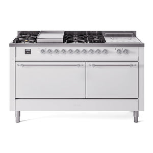 ILVE Nostalgie II 60-Inch Dual Fuel Range with 7 Sealed Burners + Griddle + French Top, 5.8 cu. ft. Oven, White with Chrome Trim, Natural Gas, Solid Door, UP60FSQNMPWHC