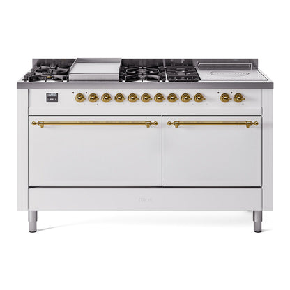 ILVE Nostalgie II 60-Inch Dual Fuel Range with 7 Sealed Burners + Griddle + French Top, 5.8 cu. ft. Oven, White with Brass Trim, Natural Gas, Solid Door, UP60FSQNMPWHG