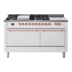 ILVE Nostalgie II 60-Inch Dual Fuel Range with 7 Sealed Burners + Griddle + French Top, 5.8 cu. ft. Oven, White with Copper Trim, Liquid Propane, Solid Door, UP60FSQNMPWHPLP