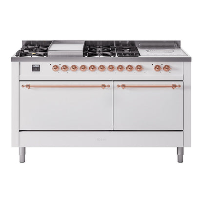 ILVE Nostalgie II 60-Inch Dual Fuel Range with 7 Sealed Burners + Griddle + French Top, 5.8 cu. ft. Oven, White with Copper Trim, Natural Gas, Solid Door, UP60FSQNMPWHP