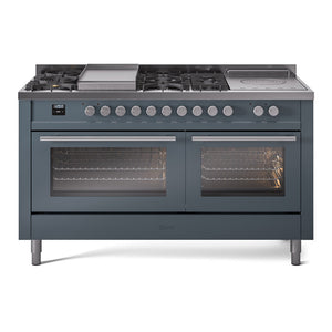 ILVE Professional Plus II 60-Inch Dual Fuel Range with 7 Sealed Burners + Griddle + French Top, 5.8 cu. ft. Oven, Blue Grey, Liquid Propane, Triple Glass Door, UP60FSWMPBGLP
