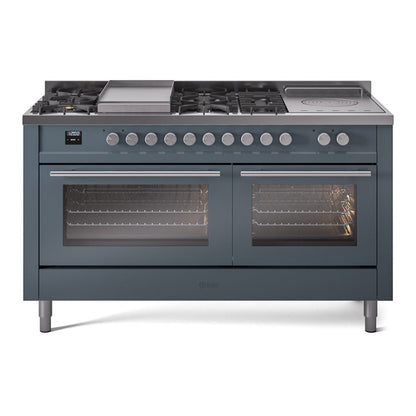 ILVE Professional Plus II 60-Inch Dual Fuel Range with 7 Sealed Burners + Griddle + French Top, 5.8 cu. ft. Oven, Blue Grey, Liquid Propane, Triple Glass Door, UP60FSWMPBGLP