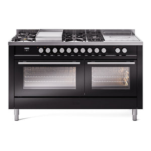 ILVE Professional Plus II 60-Inch Dual Fuel Range with 7 Sealed Burners + Griddle + French Top, 5.8 cu. ft. Oven, Glossy Black, Liquid Propane, Triple Glass Door, UP60FSWMPBKLP