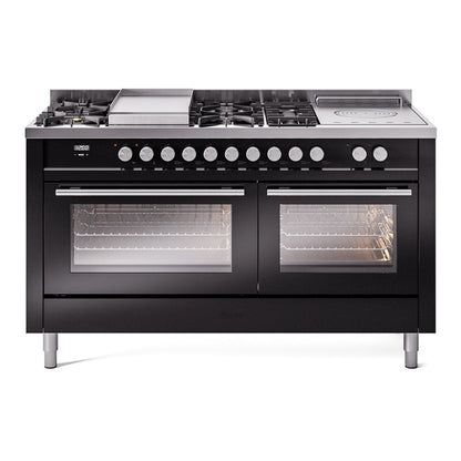 ILVE Professional Plus II 60-Inch Dual Fuel Range with 7 Sealed Burners + Griddle + French Top, 5.8 cu. ft. Oven, Glossy Black, Natural Gas, Triple Glass Door, UP60FSWMPBK