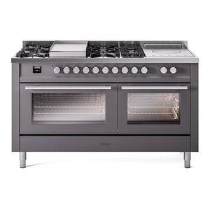 ILVE Professional Plus II 60-Inch Dual Fuel Range with 7 Sealed Burners + Griddle + French Top, 5.8 cu. ft. Oven, Graphite Matte, Liquid Propane, Triple Glass Door, UP60FSWMPMGLP