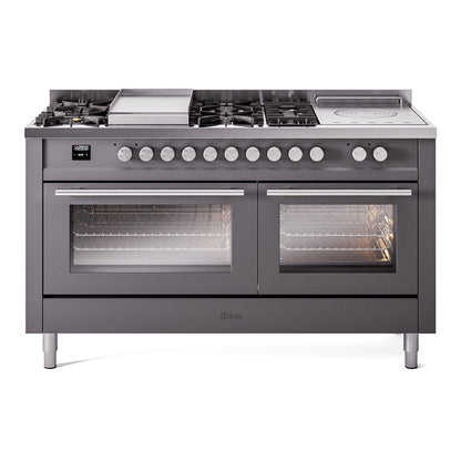 ILVE Professional Plus II 60-Inch Dual Fuel Range with 7 Sealed Burners + Griddle + French Top, 5.8 cu. ft. Oven, Graphite Matte, Natural Gas, Triple Glass Door, UP60FSWMPMG