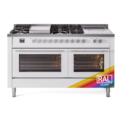 ILVE Professional Plus II 60-Inch Dual Fuel Range with 7 Sealed Burners + Griddle + French Top, 5.8 cu. ft. Oven, RAL, Natural Gas, Triple Glass Door, UP60FSWMPRA