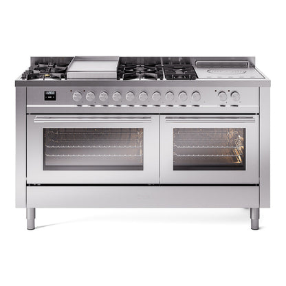 ILVE Professional Plus II 60-Inch Dual Fuel Range with 7 Sealed Burners + Griddle + French Top, 5.8 cu. ft. Oven, Stainless Steel, Liquid Propane, Triple Glass Door, UP60FSWMPSSLP