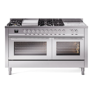 ILVE Professional Plus II 60-Inch Dual Fuel Range with 7 Sealed Burners + Griddle + French Top, 5.8 cu. ft. Oven, Stainless Steel, Natural Gas, Triple Glass Door, UP60FSWMPSS