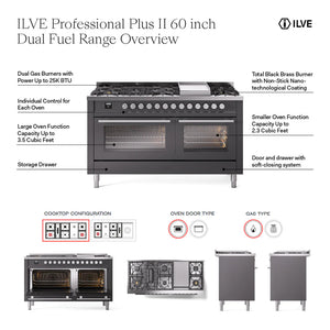 ILVE Professional Plus II 60-Inch Dual Fuel Range with 7 Sealed Burners + Griddle + French Top, 5.8 cu. ft. Oven, Stainless Steel, Natural Gas, Triple Glass Door, UP60FSWMPSS