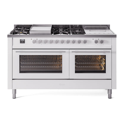 ILVE Professional Plus II 60-Inch Dual Fuel Range with 7 Sealed Burners + Griddle + French Top, 5.8 cu. ft. Oven, White, Natural Gas, Triple Glass Door, UP60FSWMPWH