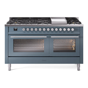 ILVE Professional Plus II 60-Inch Dual Fuel Range with 9 Sealed Burners + Griddle, 5.8 cu. ft. Oven, Blue Grey, Natural Gas, Triple Glass Door, UP60FWMPBG