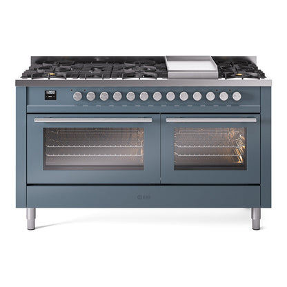 ILVE Professional Plus II 60-Inch Dual Fuel Range with 9 Sealed Burners + Griddle, 5.8 cu. ft. Oven, Blue Grey, Natural Gas, Triple Glass Door, UP60FWMPBG