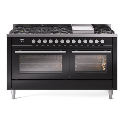 ILVE Professional Plus II 60-Inch Dual Fuel Range with 9 Sealed Burners + Griddle, 5.8 cu. ft. Oven, Glossy Black, Natural Gas, Triple Glass Door, UP60FWMPBK