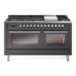 ILVE Professional Plus II 60-Inch Dual Fuel Range with 9 Sealed Burners + Griddle, 5.8 cu. ft. Oven, Graphite Matte, Liquid Propane, Triple Glass Door, UP60FWMPMGLP