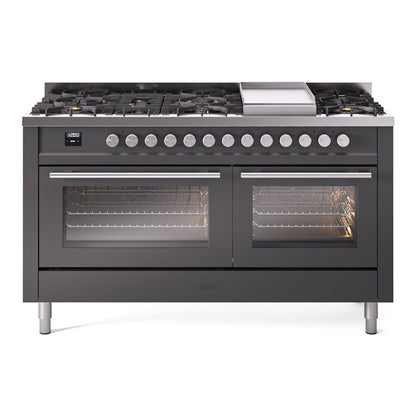ILVE Professional Plus II 60-Inch Dual Fuel Range with 9 Sealed Burners + Griddle, 5.8 cu. ft. Oven, Graphite Matte, Liquid Propane, Triple Glass Door, UP60FWMPMGLP
