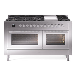ILVE Professional Plus II 60-Inch Dual Fuel Range with 9 Sealed Burners + Griddle, 5.8 cu. ft. Oven, Stainless Steel, Natural Gas, Triple Glass Door, UP60FWMPSS
