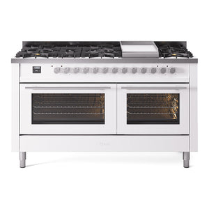 ILVE Professional Plus II 60-Inch Dual Fuel Range with 9 Sealed Burners + Griddle, 5.8 cu. ft. Oven, White, Liquid Propane, Triple Glass Door, UP60FWMPWHLP