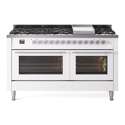 ILVE Professional Plus II 60-Inch Dual Fuel Range with 9 Sealed Burners + Griddle, 5.8 cu. ft. Oven, White, Natural Gas, Triple Glass Door, UP60FWMPWH