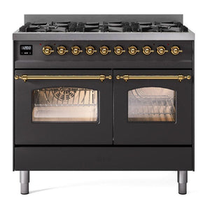 ILVE Nostalgie II 40-Inch Dual Fuel Range with 6 Sealed Burners, 4.3 cu. ft. Oven, Graphite Matte with Brass Trim, Liquid Propane, Triple Glass Door, UPD406NMPMGGLP