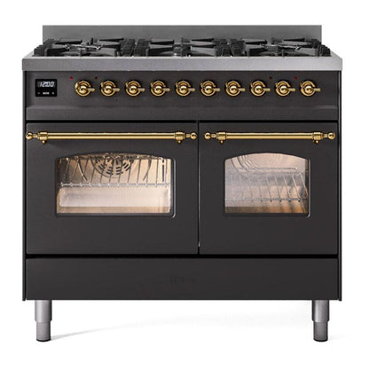 ILVE Nostalgie II 40-Inch Dual Fuel Range with 6 Sealed Burners, 4.3 cu. ft. Oven, Graphite Matte with Brass Trim, Liquid Propane, Triple Glass Door, UPD406NMPMGGLP