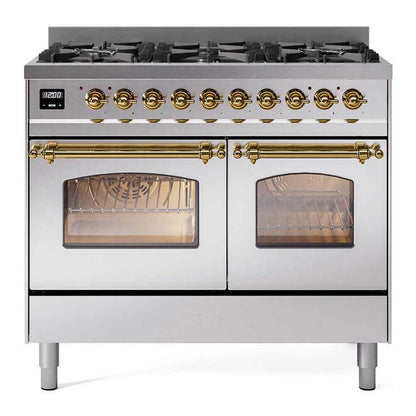 ILVE Nostalgie II 40-Inch Dual Fuel Range with 6 Sealed Burners, 4.3 cu. ft. Oven, Stainless Steel with Brass Trim, Natural Gas, Triple Glass Door, UPD406NMPSSG