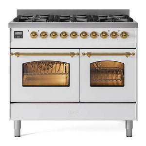 ILVE Nostalgie II 40-Inch Dual Fuel Range with 6 Sealed Burners, 4.3 cu. ft. Oven, White with Brass Trim, Liquid Propane, Triple Glass Door, UPD406NMPWHGLP