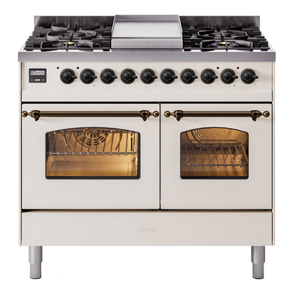ILVE Nostalgie II 40-Inch Dual Fuel Range with 6 Sealed Burners + Griddle, 4.3 cu. ft. Oven, Antique White with Burnished Trim, Liquid Propane, Triple Glass Door, UPD40FNMPAWBLP