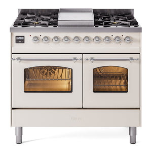 ILVE Nostalgie II 40-Inch Dual Fuel Range with 6 Sealed Burners + Griddle, 4.3 cu. ft. Oven, Antique White with Chrome Trim, Liquid Propane, Triple Glass Door, UPD40FNMPAWCLP