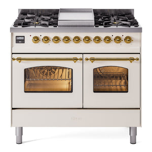 ILVE Nostalgie II 40-Inch Dual Fuel Range with 6 Sealed Burners + Griddle, 4.3 cu. ft. Oven, Antique White with Brass Trim, Liquid Propane, Triple Glass Door, UPD40FNMPAWGLP