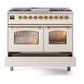 ILVE Nostalgie II 40-Inch Dual Fuel Range with 6 Sealed Burners + Griddle, 4.3 cu. ft. Oven, Antique White with Brass Trim, Natural Gas, Triple Glass Door, UPD40FNMPAWG