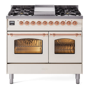 ILVE Nostalgie II 40-Inch Dual Fuel Range with 6 Sealed Burners + Griddle, 4.3 cu. ft. Oven, Antique White with Copper Trim, Liquid Propane, Triple Glass Door, UPD40FNMPAWPLP