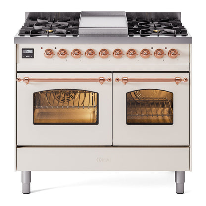 ILVE Nostalgie II 40-Inch Dual Fuel Range with 6 Sealed Burners + Griddle, 4.3 cu. ft. Oven, Antique White with Copper Trim, Liquid Propane, Triple Glass Door, UPD40FNMPAWPLP