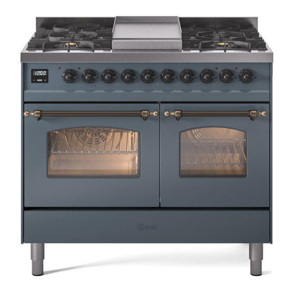 ILVE Nostalgie II 40-Inch Dual Fuel Range with 6 Sealed Burners + Griddle, 4.3 cu. ft. Oven, Blue Grey with Burnished Trim, Liquid Propane, Triple Glass Door, UPD40FNMPBGBLP