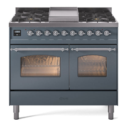 ILVE Nostalgie II 40-Inch Dual Fuel Range with 6 Sealed Burners + Griddle, 4.3 cu. ft. Oven, Blue Grey with Chrome Trim, Liquid Propane, Triple Glass Door, UPD40FNMPBGCLP