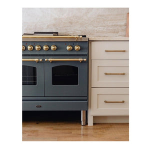 ILVE Nostalgie II 40-Inch Dual Fuel Range with 6 Sealed Burners + Griddle, 4.3 cu. ft. Oven, Blue Grey with Brass Trim, Liquid Propane, Triple Glass Door, UPD40FNMPBGGLP