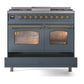 ILVE Nostalgie II 40-Inch Dual Fuel Range with 6 Sealed Burners + Griddle, 4.3 cu. ft. Oven, Blue Grey with Brass Trim, Natural Gas, Triple Glass Door, UPD40FNMPBGG