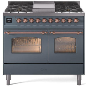 ILVE Nostalgie II 40" Dual Fuel Propane Gas Range in Blue Grey with Copper Trim, UPD40FNMPBGPLP