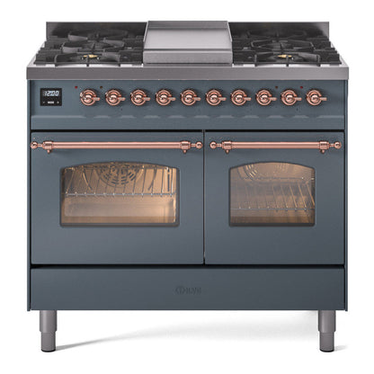 ILVE Nostalgie II 40-Inch Dual Fuel Range with 6 Sealed Burners + Griddle, 4.3 cu. ft. Oven, Blue Grey with Copper Trim, Liquid Propane, Triple Glass Door, UPD40FNMPBGPLP