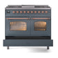 ILVE Nostalgie II 40-Inch Dual Fuel Range with 6 Sealed Burners + Griddle, 4.3 cu. ft. Oven, Blue Grey with Copper Trim, Liquid Propane, Triple Glass Door, UPD40FNMPBGPLP