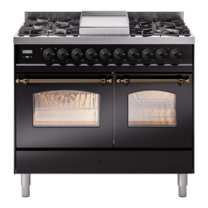 ILVE Nostalgie II 40-Inch Dual Fuel Range with 6 Sealed Burners + Griddle, 4.3 cu. ft. Oven, Glossy Black with Burnished Trim, Liquid Propane, Triple Glass Door, UPD40FNMPBKBLP