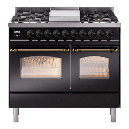 ILVE Nostalgie II 40-Inch Dual Fuel Range with 6 Sealed Burners + Griddle, 4.3 cu. ft. Oven, Glossy Black with Burnished Trim, Natural Gas, Triple Glass Door, UPD40FNMPBKB
