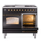 ILVE Nostalgie II 40-Inch Dual Fuel Range with 6 Sealed Burners + Griddle, 4.3 cu. ft. Oven, Glossy Black with Burnished Trim, Natural Gas, Triple Glass Door, UPD40FNMPBKB