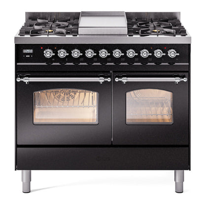 ILVE Nostalgie II 40-Inch Dual Fuel Range with 6 Sealed Burners + Griddle, 4.3 cu. ft. Oven, Glossy Black with Chrome Trim, Natural Gas, Triple Glass Door, UPD40FNMPBKC