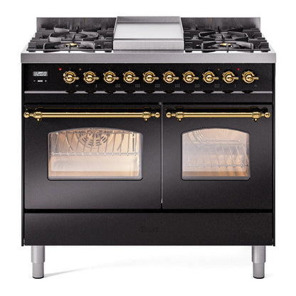 ILVE Nostalgie II 40-Inch Dual Fuel Range with 6 Sealed Burners + Griddle, 4.3 cu. ft. Oven, Glossy Black with Brass Trim, Liquid Propane, Triple Glass Door, UPD40FNMPBKGLP