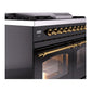ILVE Nostalgie II 40-Inch Dual Fuel Range with 6 Sealed Burners + Griddle, 4.3 cu. ft. Oven, Glossy Black with Brass Trim, Liquid Propane, Triple Glass Door, UPD40FNMPBKGLP