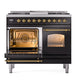 ILVE Nostalgie II 40-Inch Dual Fuel Range with 6 Sealed Burners + Griddle, 4.3 cu. ft. Oven, Glossy Black with Brass Trim, Natural Gas, Triple Glass Door, UPD40FNMPBKG