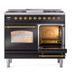 ILVE Nostalgie II 40-Inch Dual Fuel Range with 6 Sealed Burners + Griddle, 4.3 cu. ft. Oven, Glossy Black with Brass Trim, Natural Gas, Triple Glass Door, UPD40FNMPBKG