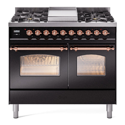 ILVE Nostalgie II 40-Inch Dual Fuel Range with 6 Sealed Burners + Griddle, 4.3 cu. ft. Oven, Glossy Black with Copper Trim, Natural Gas, Triple Glass Door, UPD40FNMPBKP